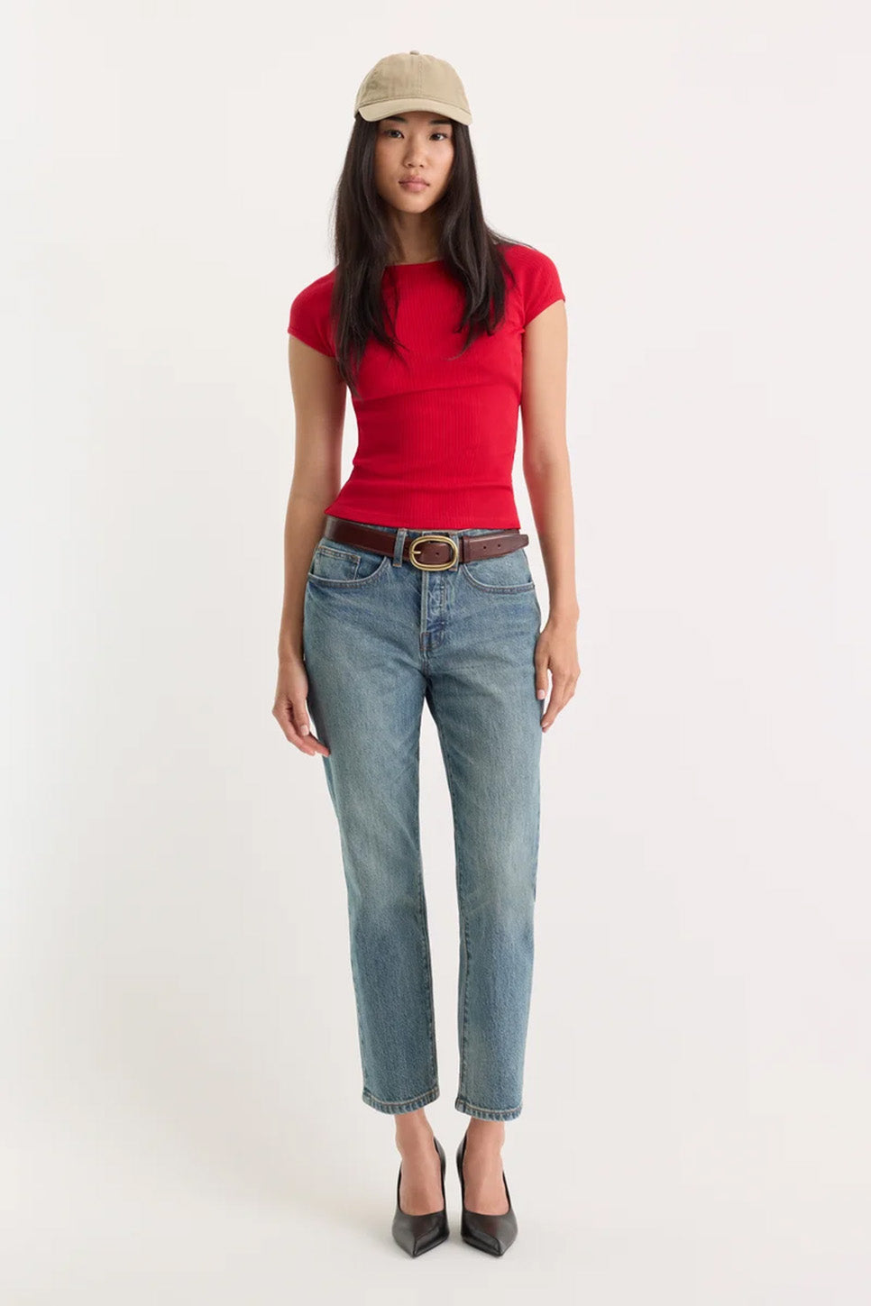Good American The Variegated Rib Top in Crimson Rose — Full-body view