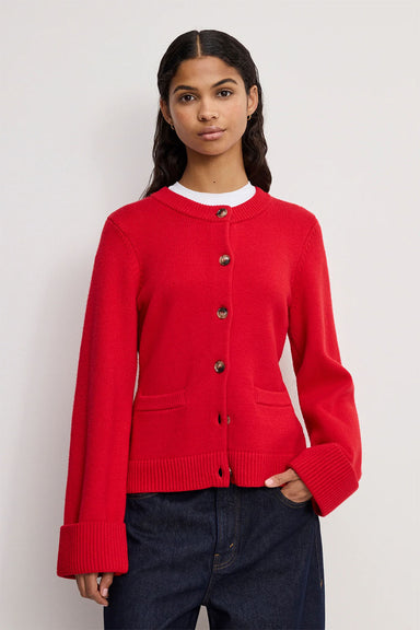 good american button front knit cardigan chili front