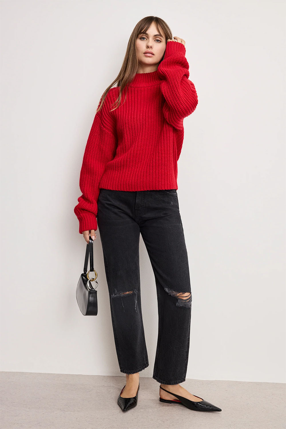good american chunky knit mock neck sweater chili