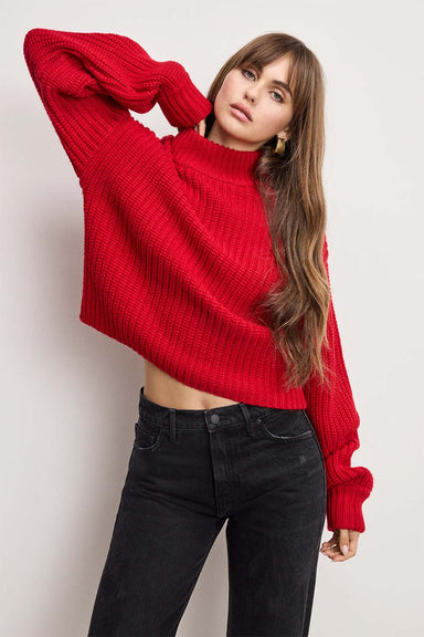 good american chunky knit mock neck sweater chili front