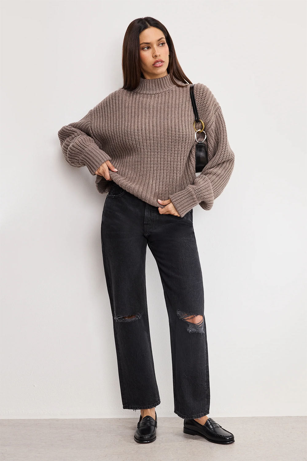 good american chunky knit mock neck sweater smoke