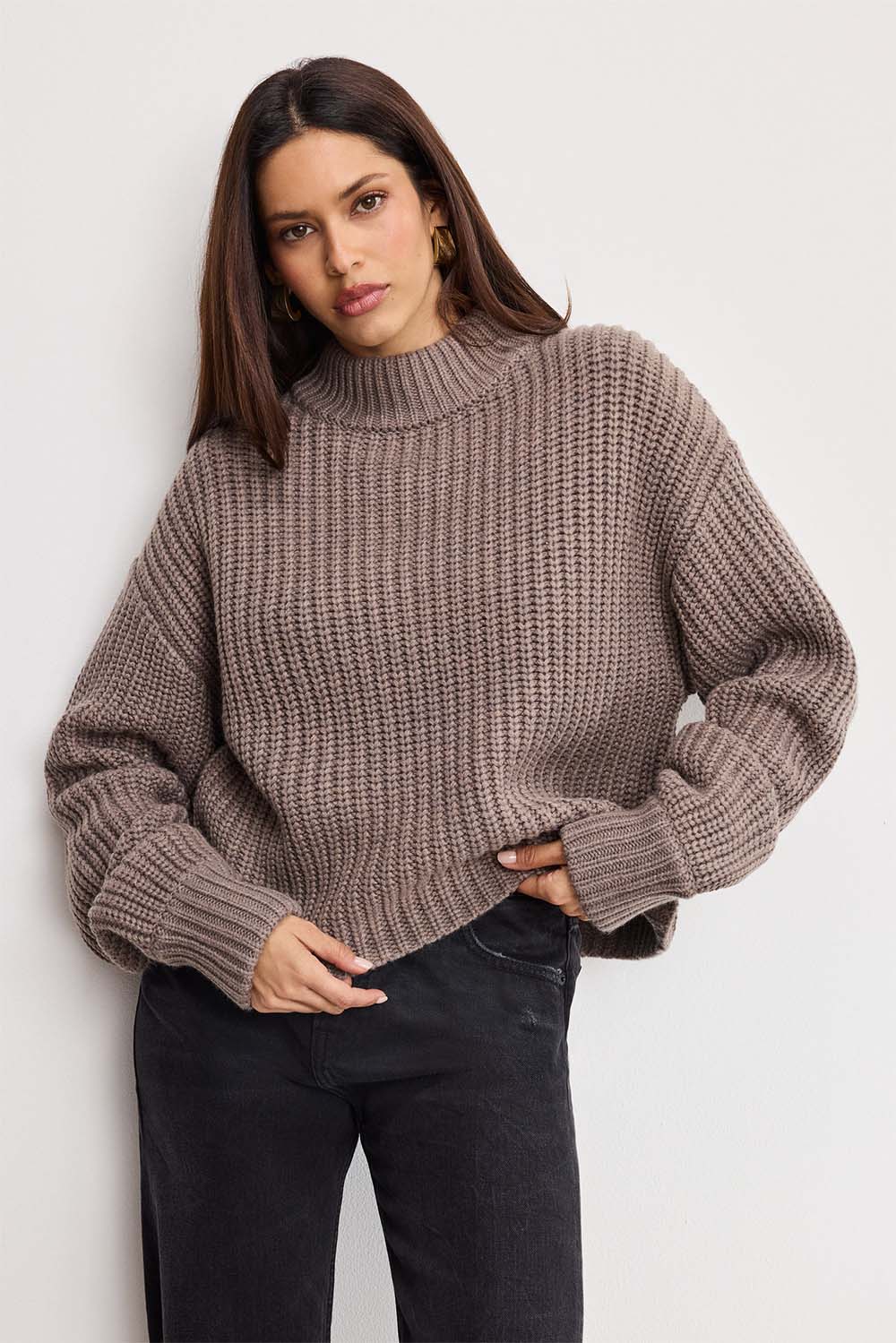 good american chunky knit mock neck sweater smoke front