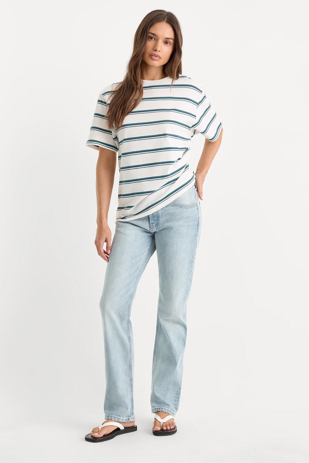 good american cotton stripe oversized tee harbor cloud white