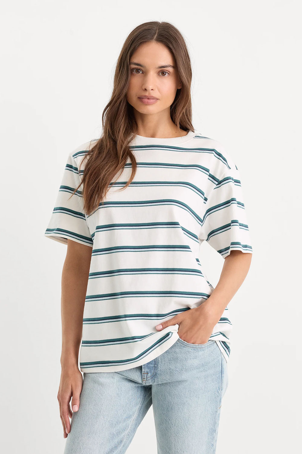 good american cotton stripe oversized tee harbor cloud white front