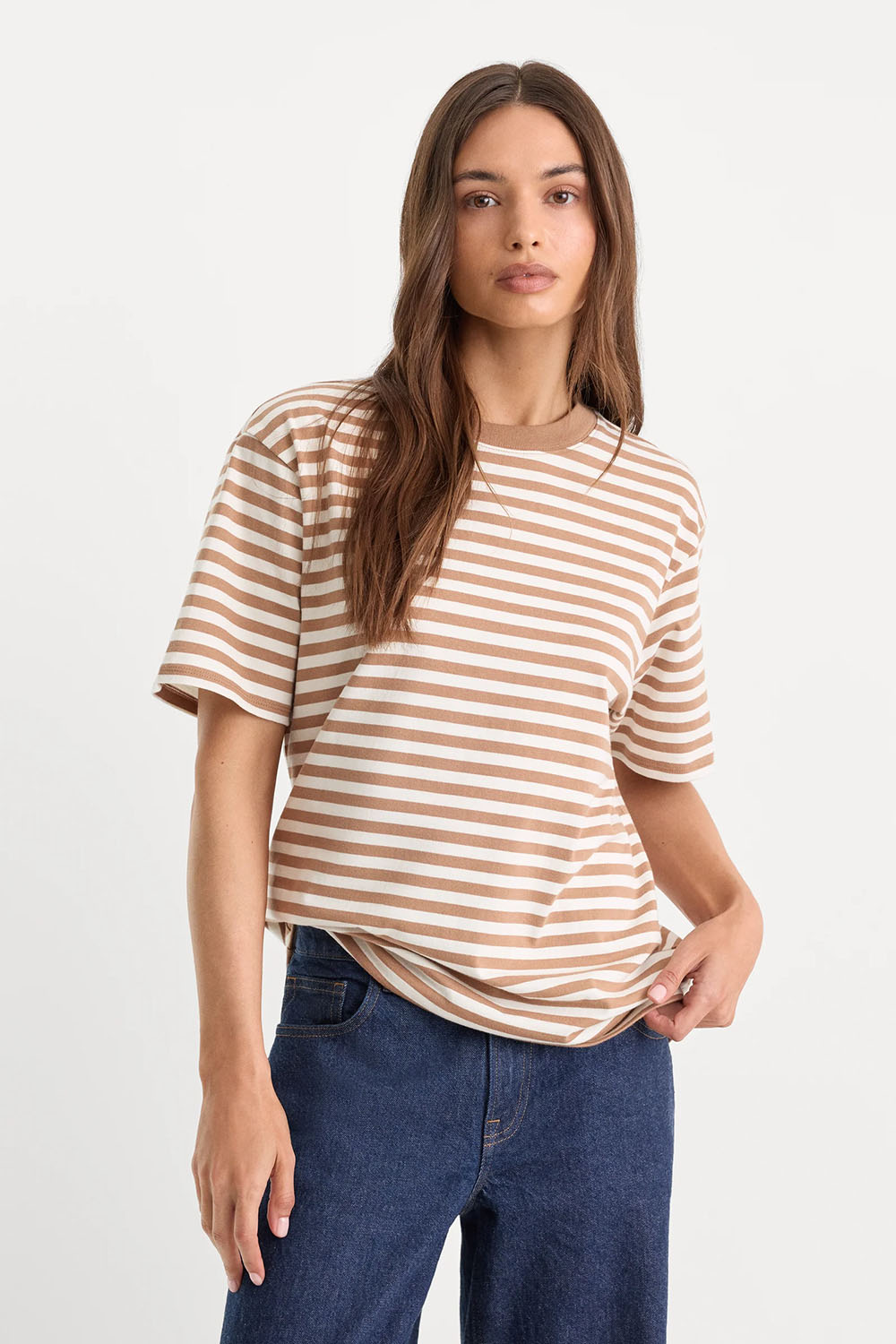 good american cotton stripe oversized tee hearth front