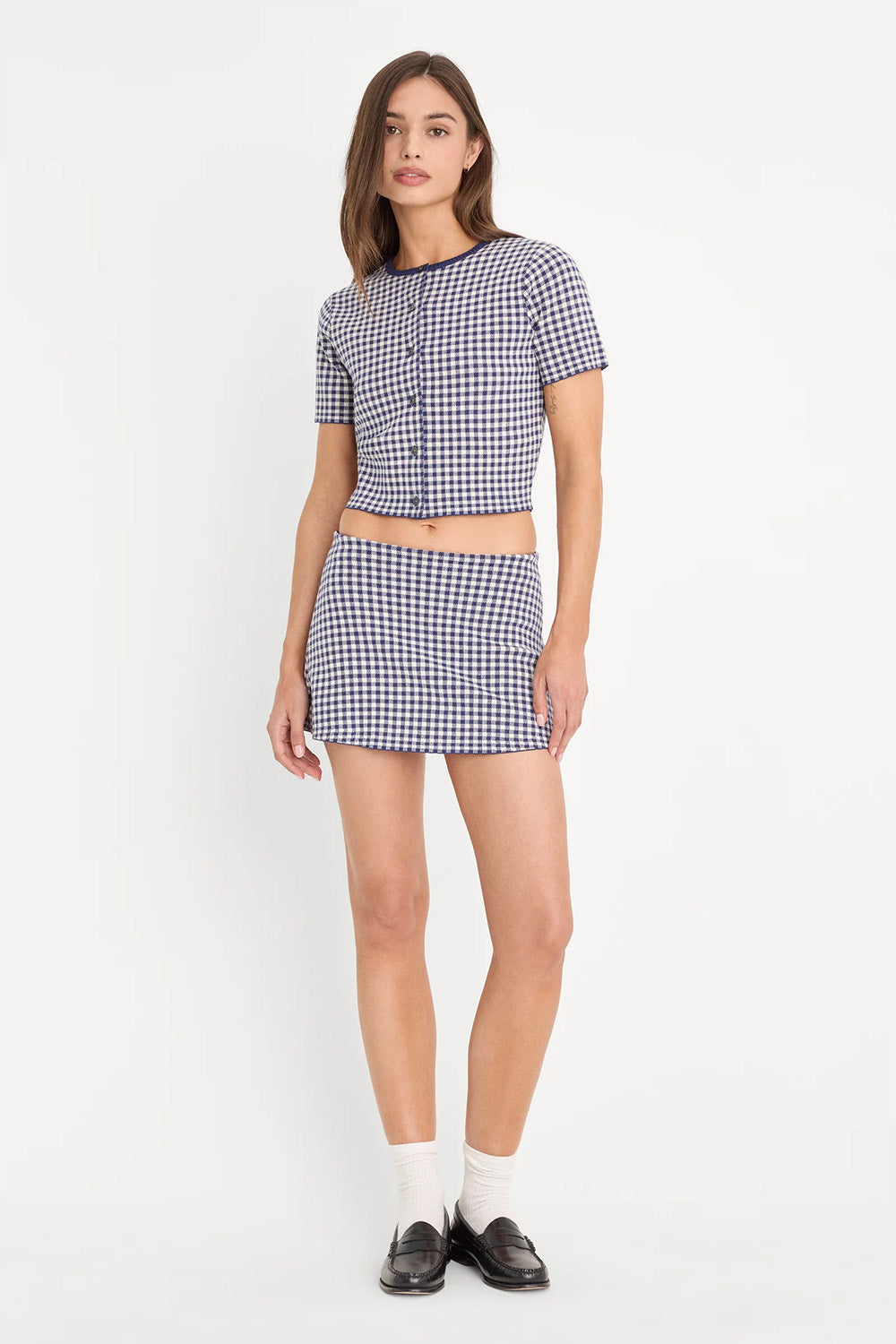 good american cropped ss cardigan navy gingham