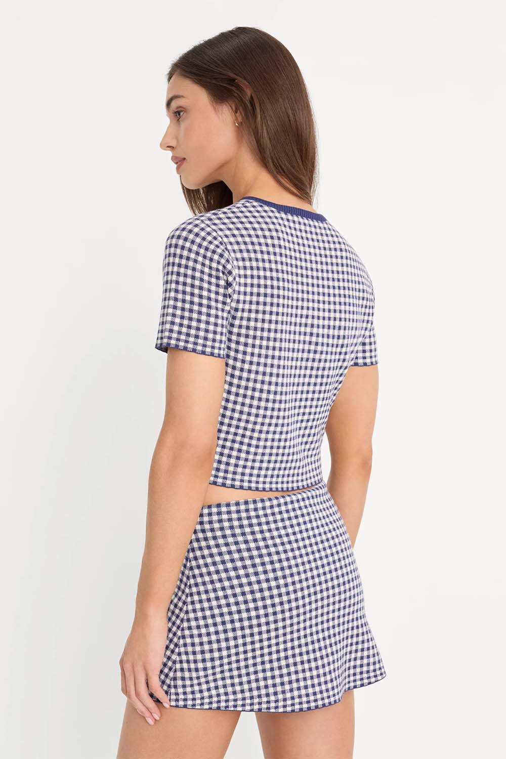 good american cropped ss cardigan navy gingham back