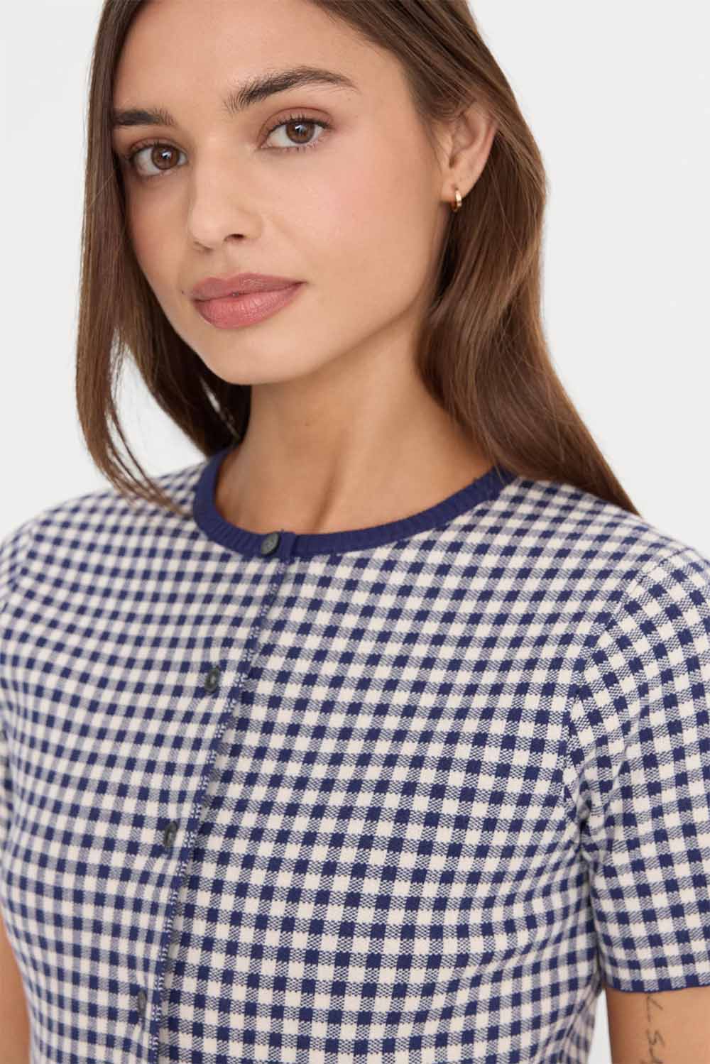 good american cropped ss cardigan navy gingham detail