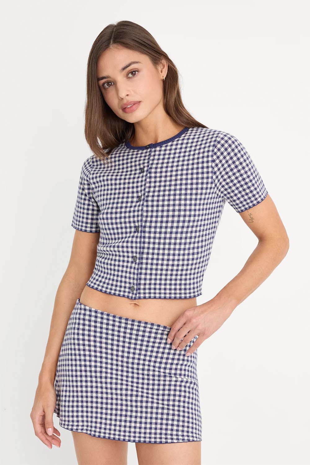 good american cropped ss cardigan navy gingham front