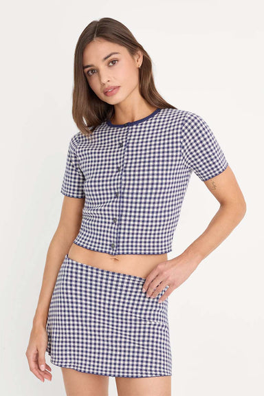 good american cropped ss cardigan navy gingham front