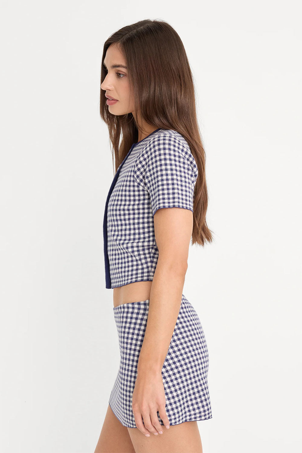 good american cropped ss cardigan navy gingham side
