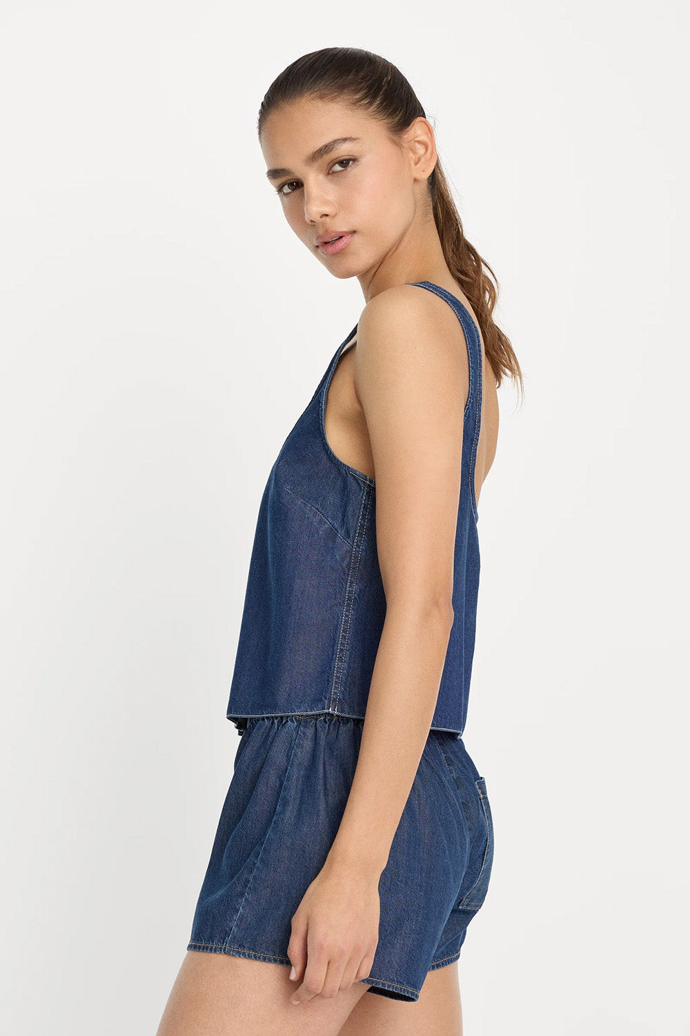 good american denim button front tank indigo1187 side