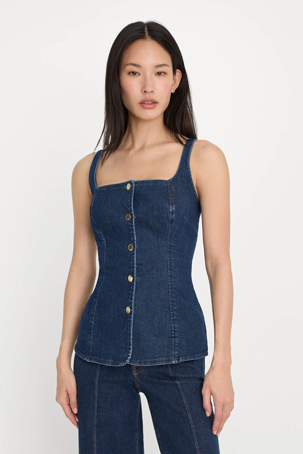 good american denim button front top indigo front