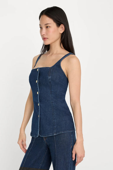 good american denim button front top indigo side