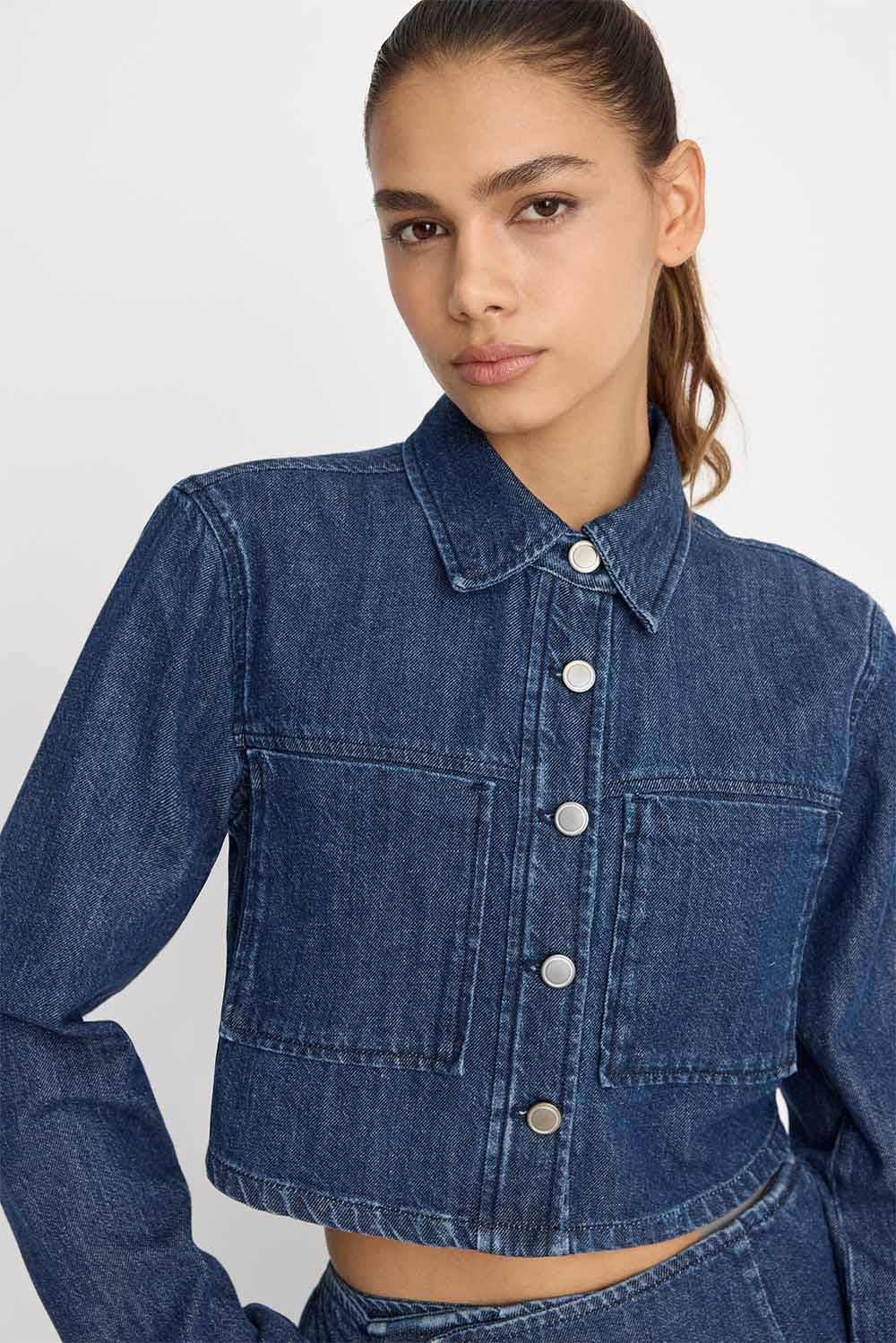 good american denim cropped jacket indigo detail