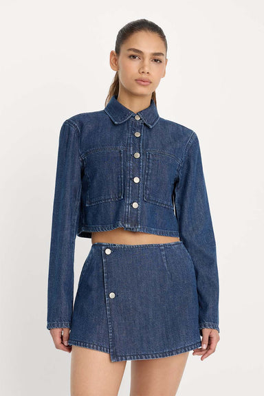good american denim cropped jacket indigo front