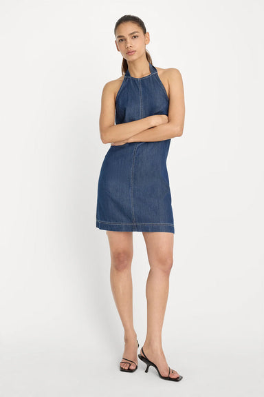 good american denim halter shift dress indigo front