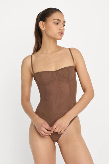 good american mesh bustier bodysuit saddlewood front