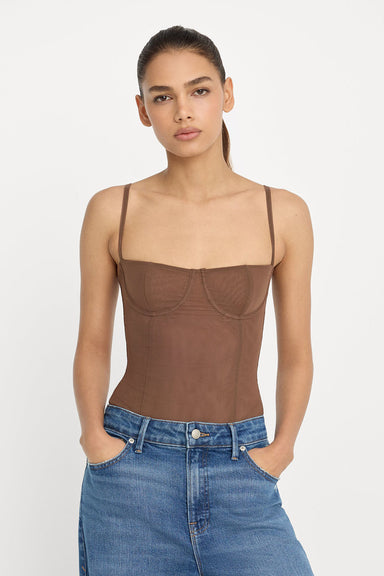 good american mesh bustier bodysuit saddlewood model