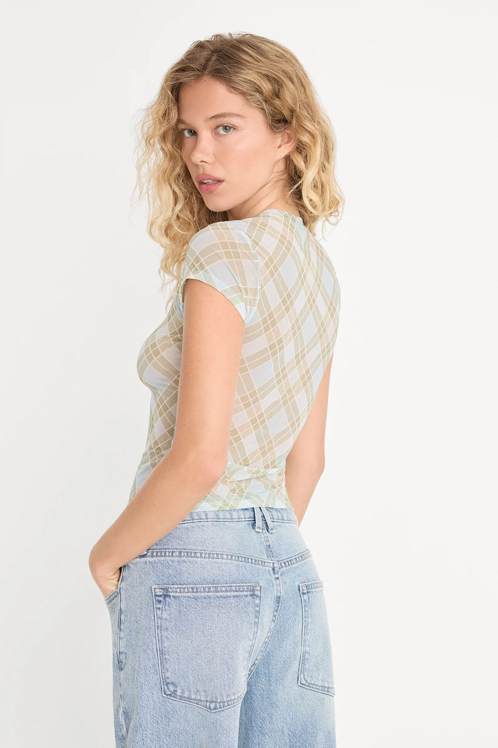 good american mesh cap sleeve baby tee summer plaid honey back