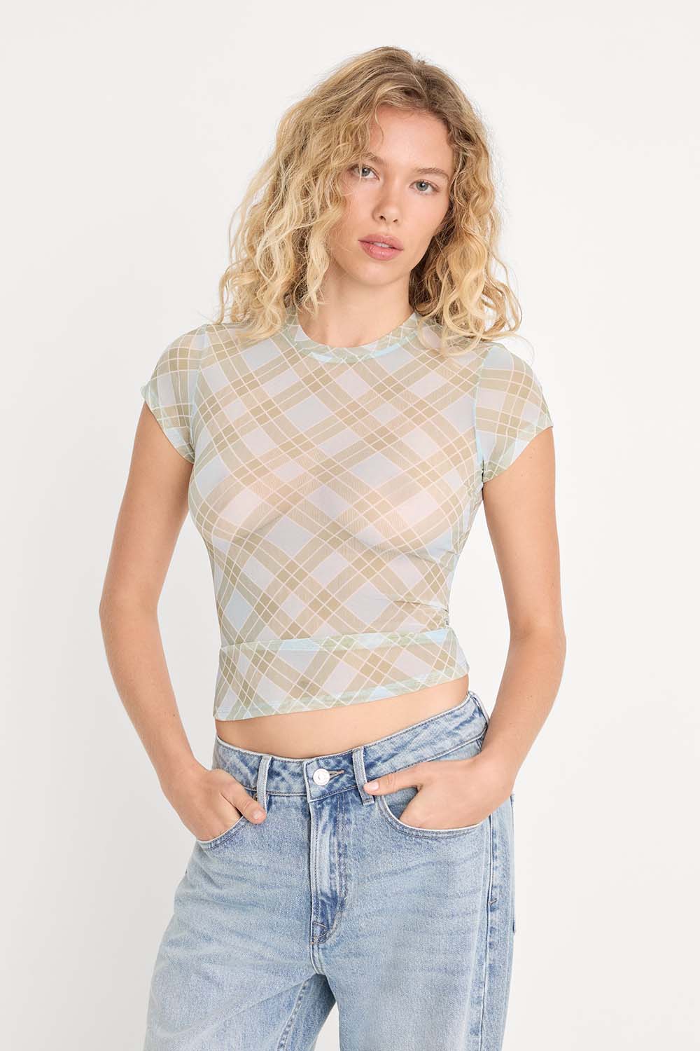 good american mesh cap sleeve baby tee summer plaid honey front