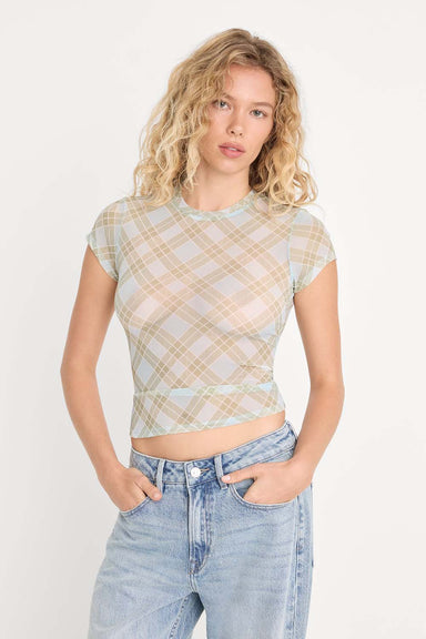 good american mesh cap sleeve baby tee summer plaid honey front