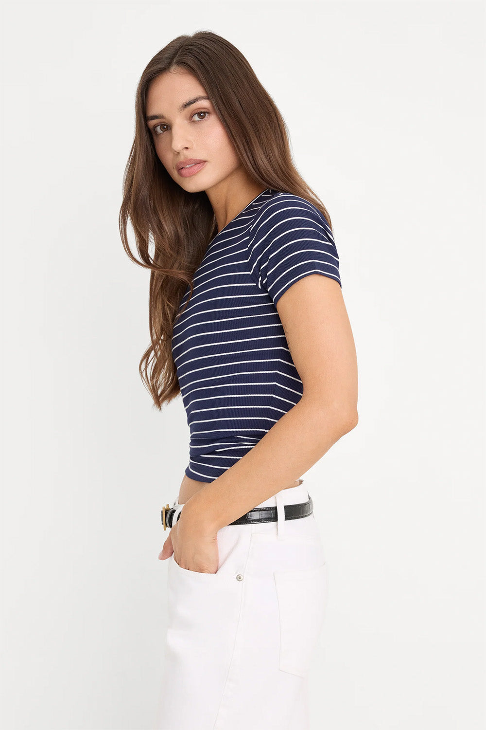 good american modal rib stripe baby tee horizon ink side