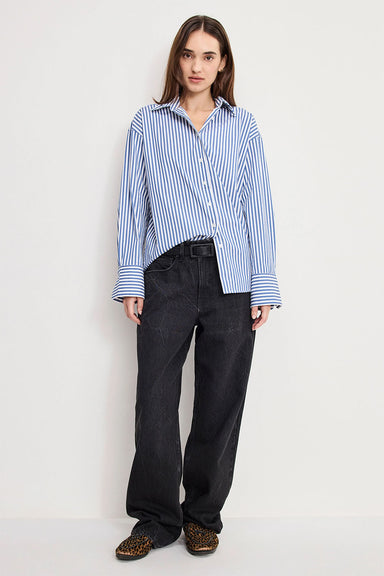 good american poplin oversized shirt indigo stripe