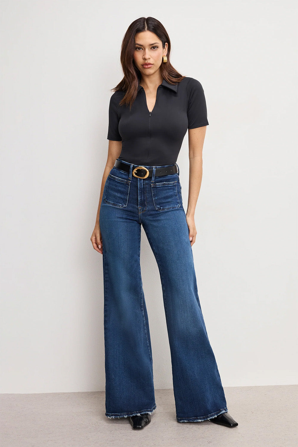 good american soft tech waist palazzo jeans indigo511 front