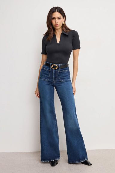 good american soft tech waist palazzo jeans indigo511 front