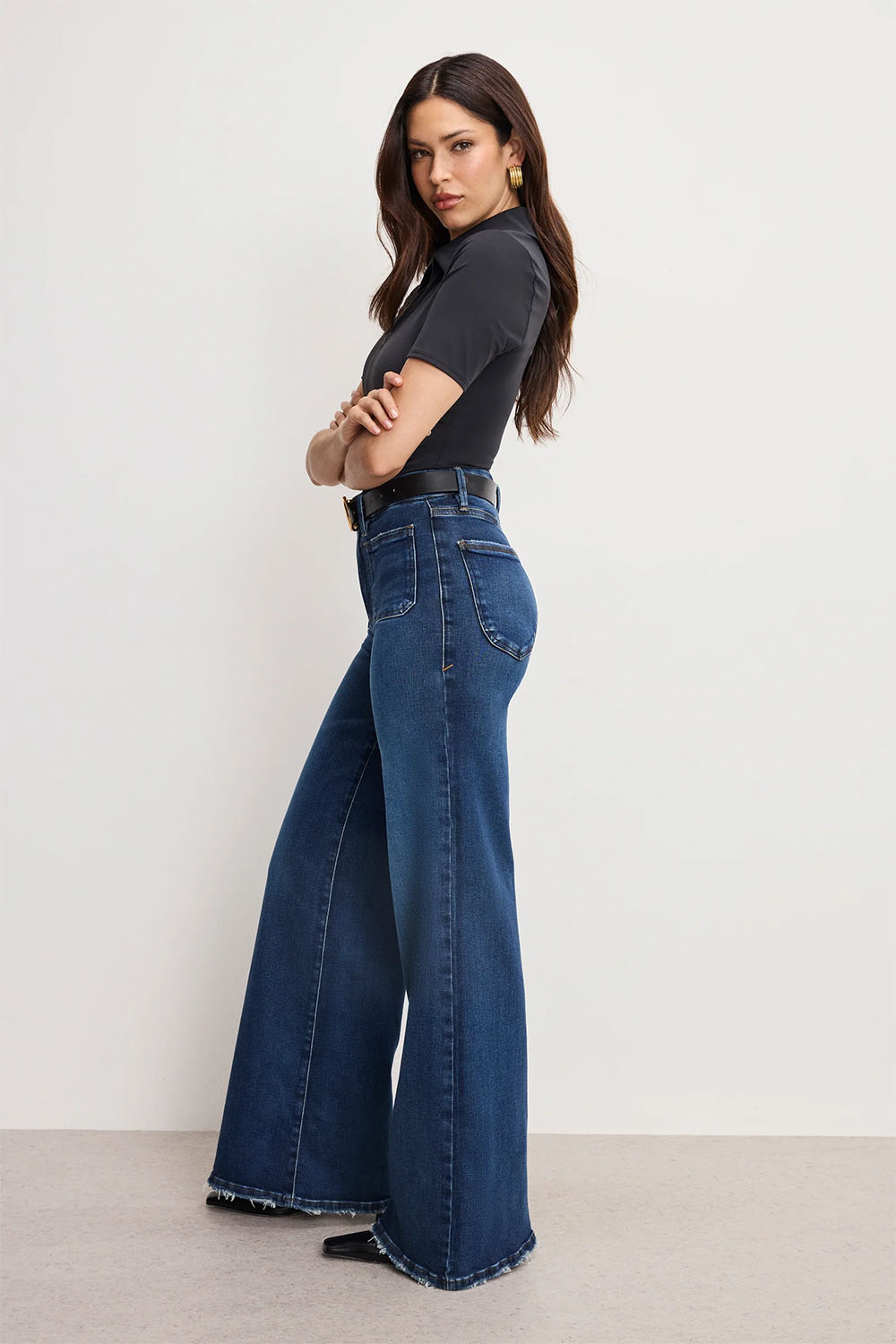 good american soft tech waist palazzo jeans indigo511 side