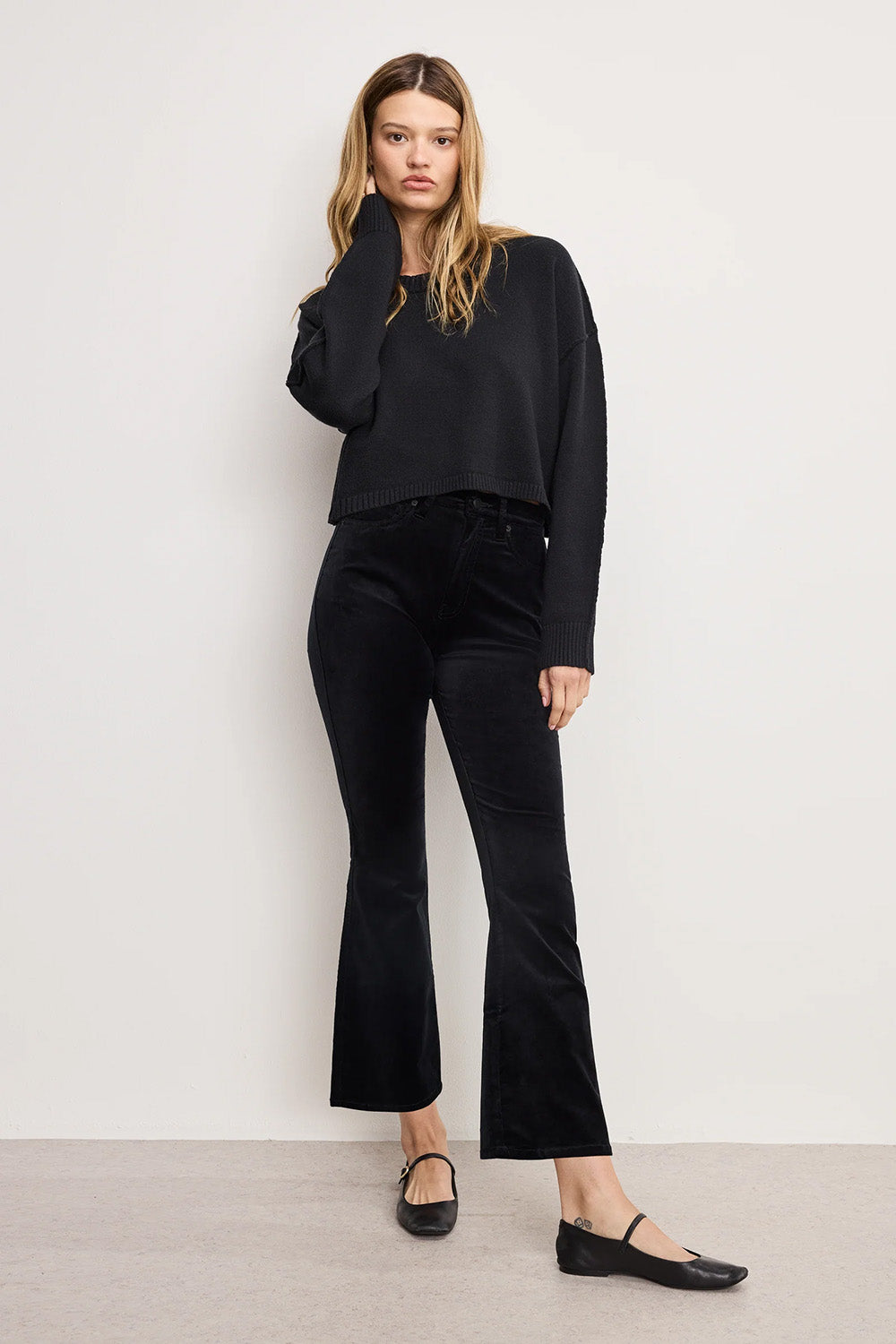 Good American - Velvet High Rise Kick Flare Pant - Black - Front