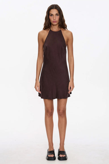 Thrills - CELESTE BIAS HALTER MINI DRESS - Postal Brown - Front