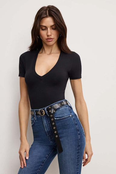 Good American - Stretch Deep V Bodysuit - Black - Size 0