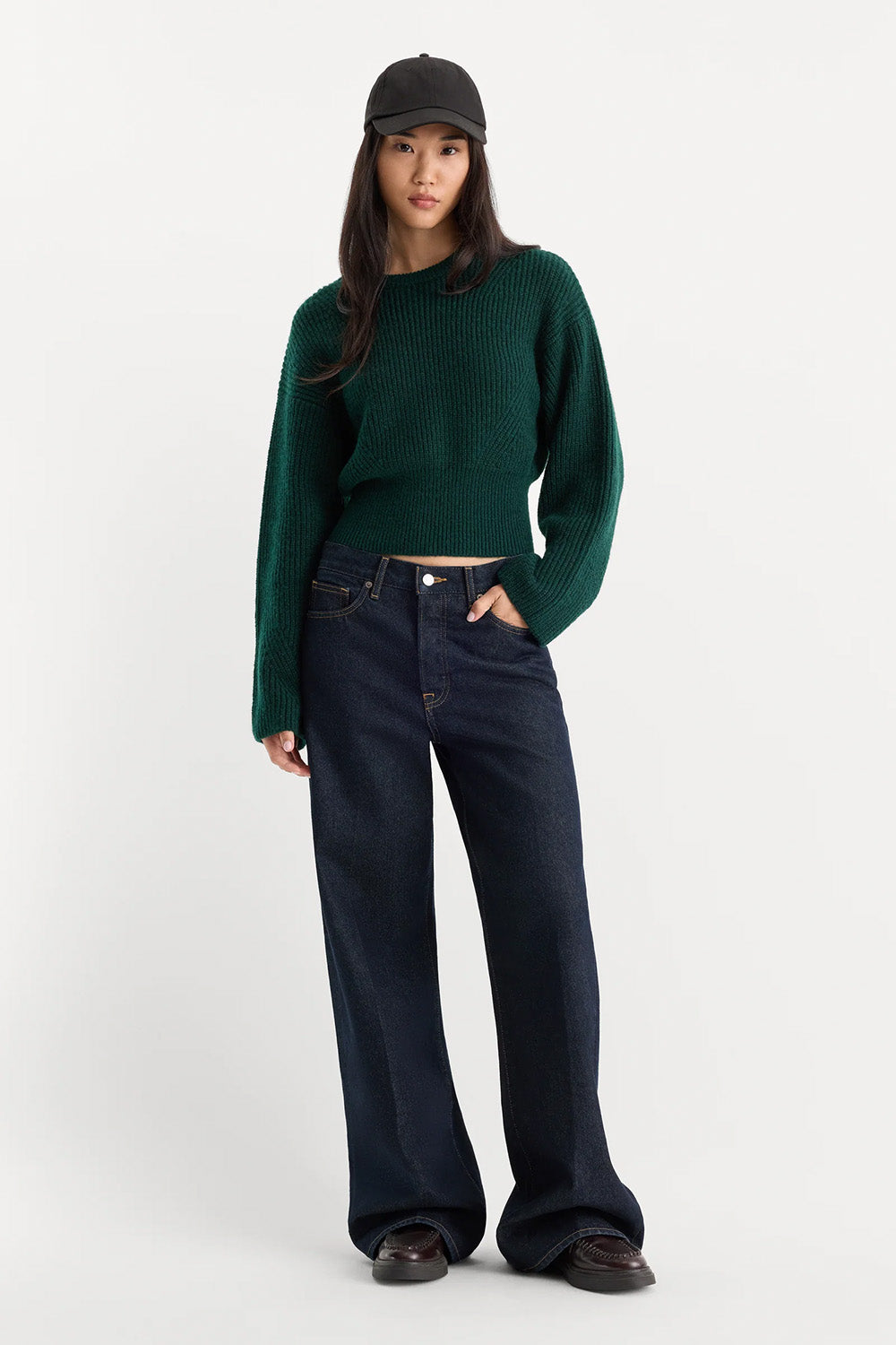 Good American The Chunky Knit Sweater in Forest Green — Styled view