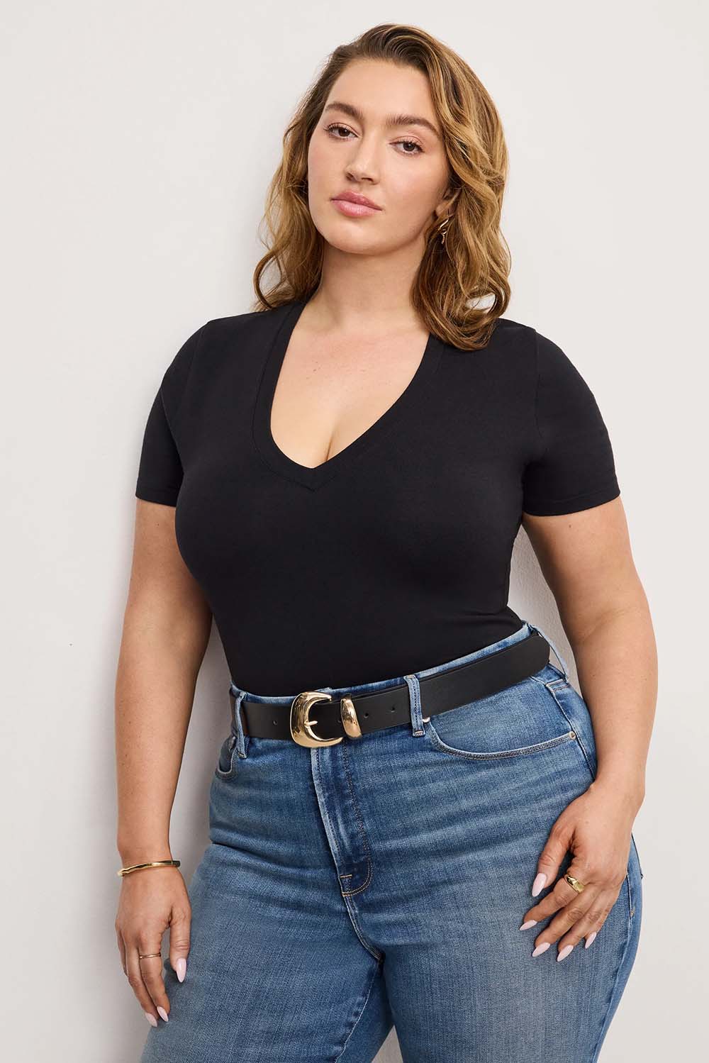 Good American - Stretch Deep V Bodysuit - Black - Size 16