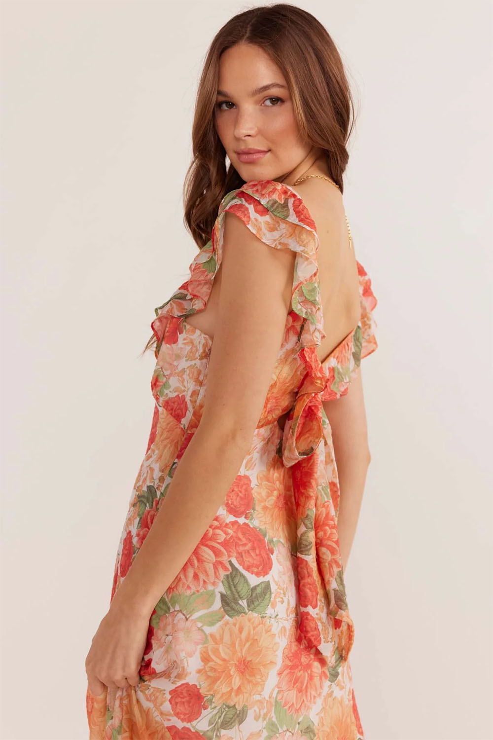 Mink Pink - Aida Frill Maxi Dress - Apricot Floral - Detail