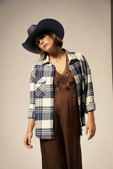 Brixton - Bowery Flannel - Azure Blue/Whitecap Plaid - Front
