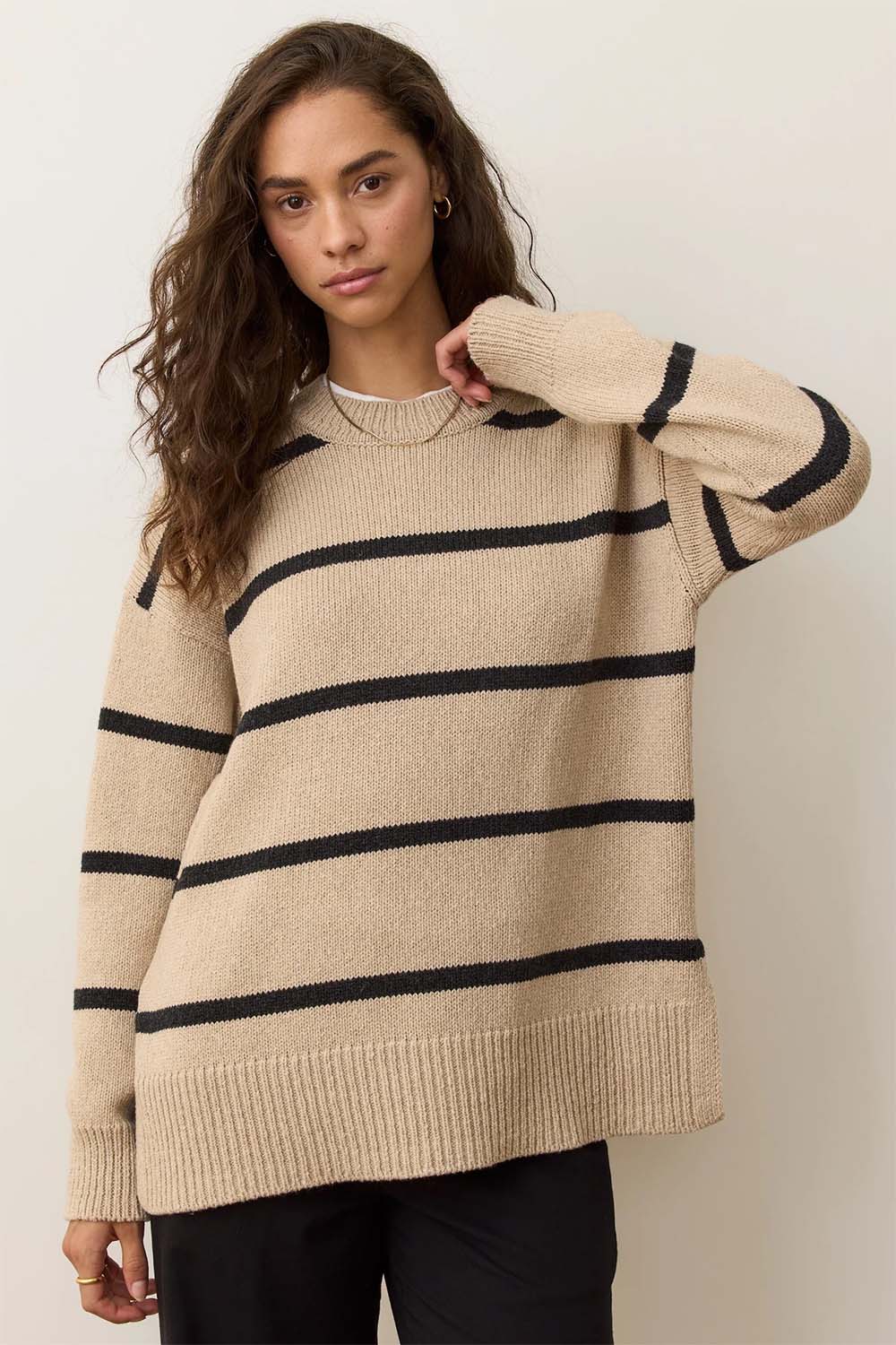 Marine Layer - Berkeley Crewneck - Oatmeal/Charcoal Stripe - Front