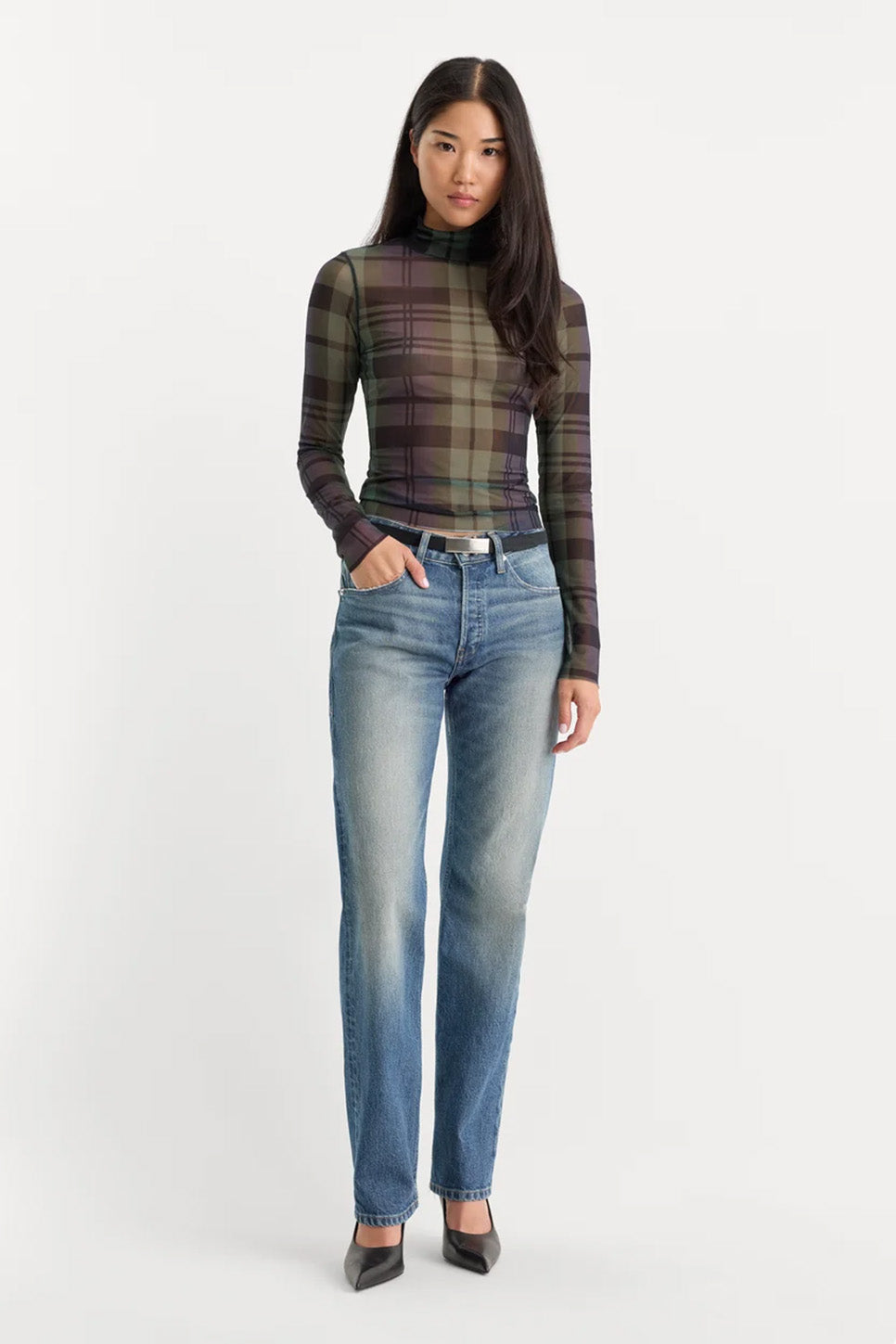 Good American - The Mesh Turtleneck - Navy Green Plaid - Front