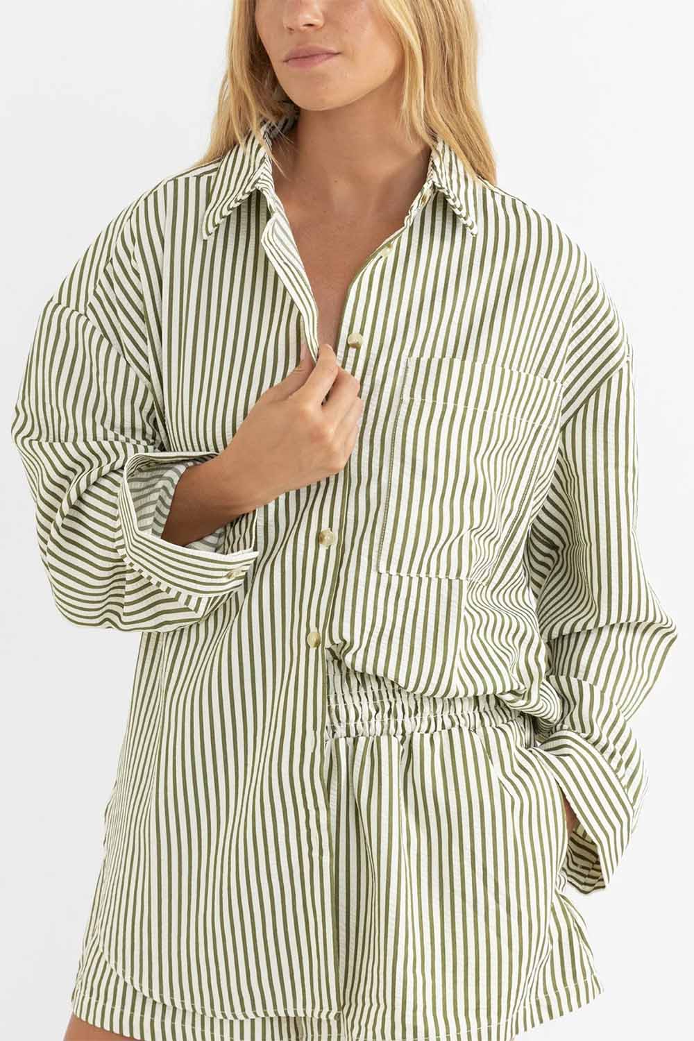 Rhythm - Cove Stripe LS Shirt - Aloe - Front