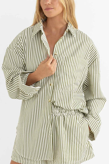 Rhythm - Cove Stripe LS Shirt - Aloe - Front