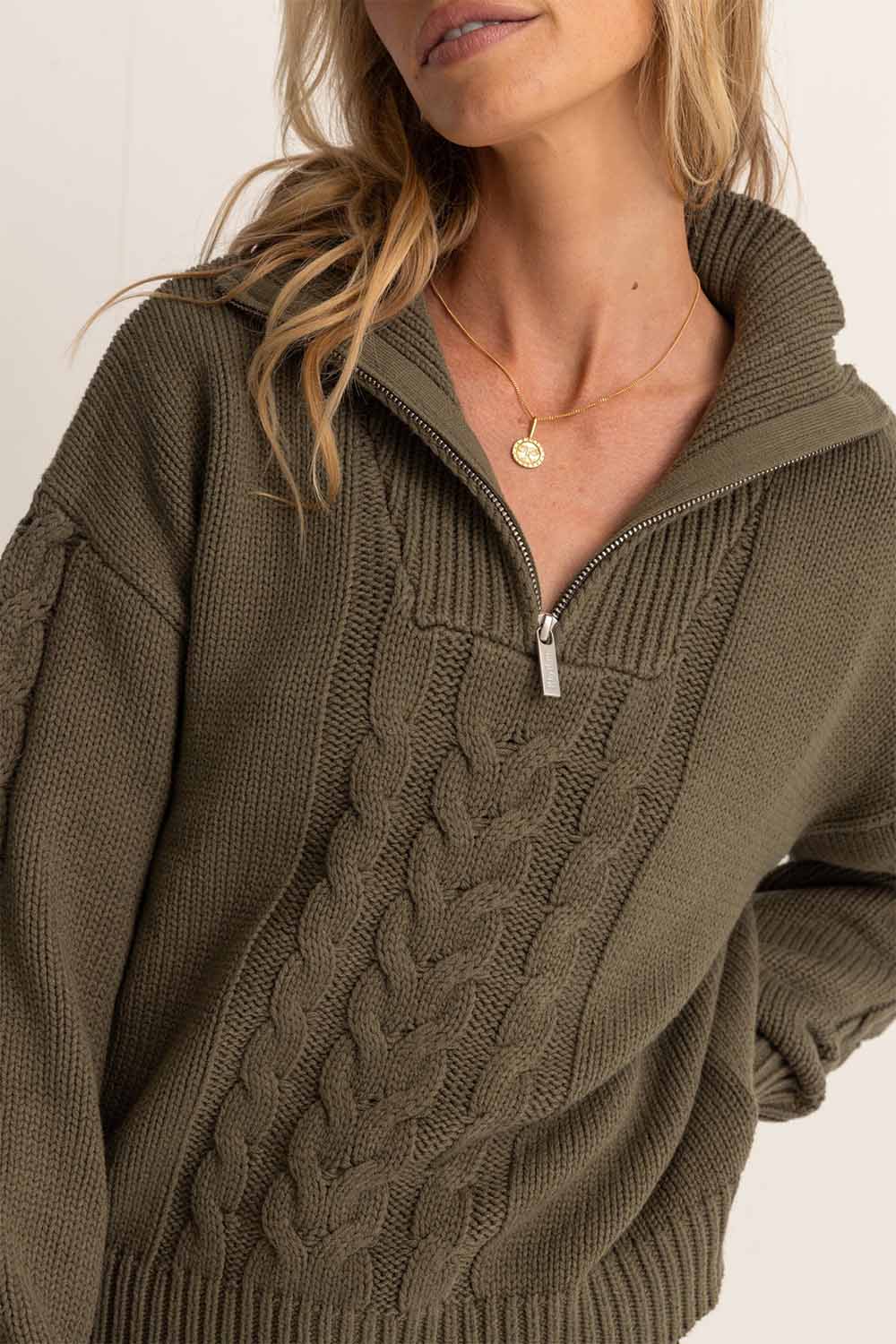 Rhythm - Cabelled Vintage 1/4 Zip Knit - Olive - Detail