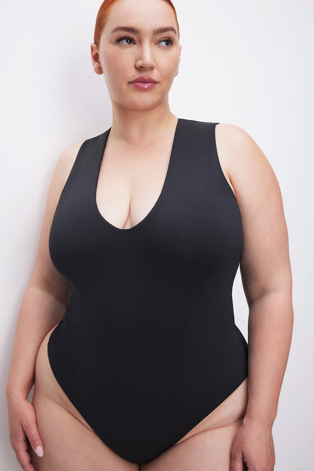 good american scuba deep v bodysuit black plus front