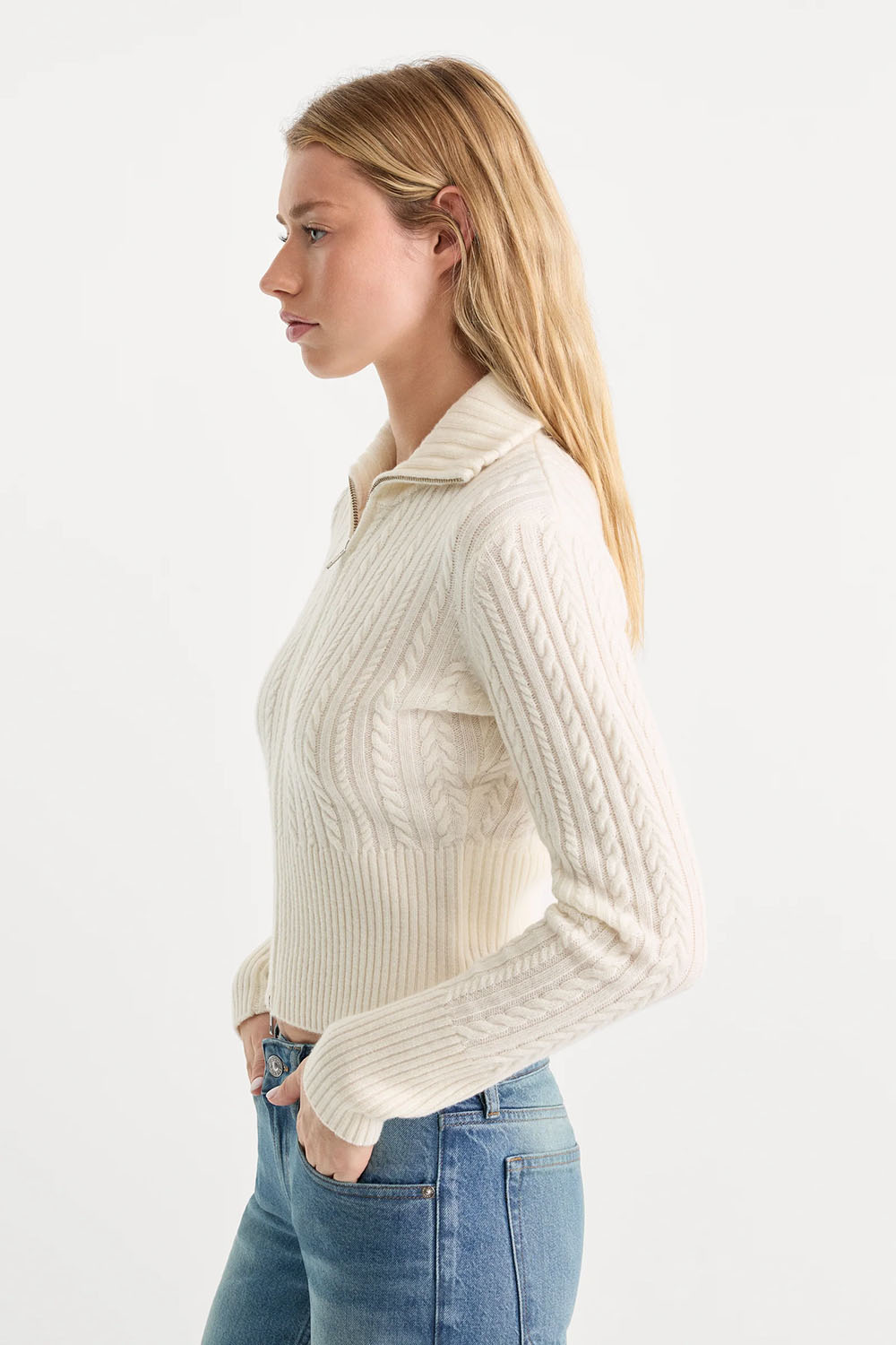 Good American The Cable Zip Up in Chalk — Side view
