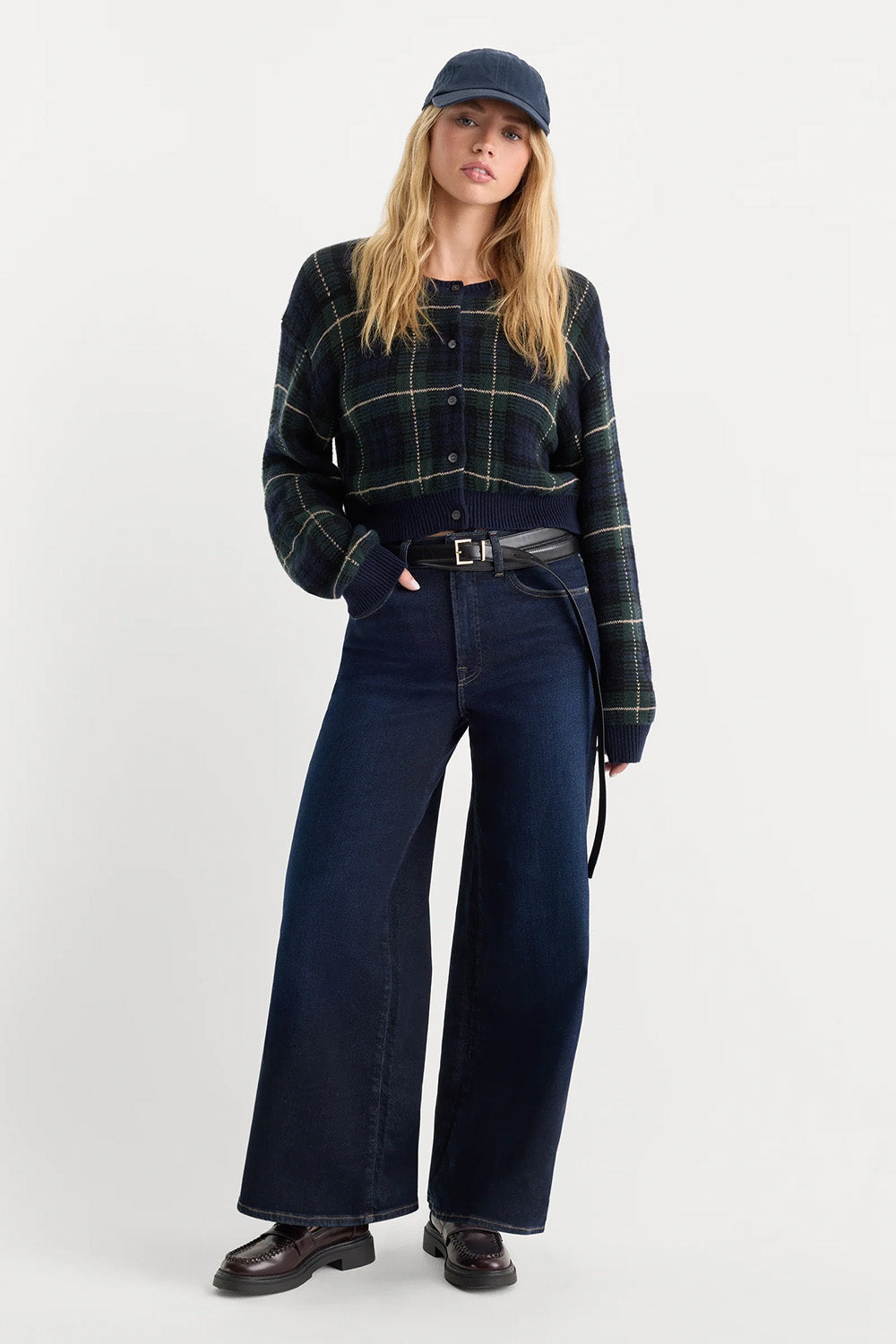 Good American Soft Tech Waist Palazzo Ankle Jeans in Rinse — Front view