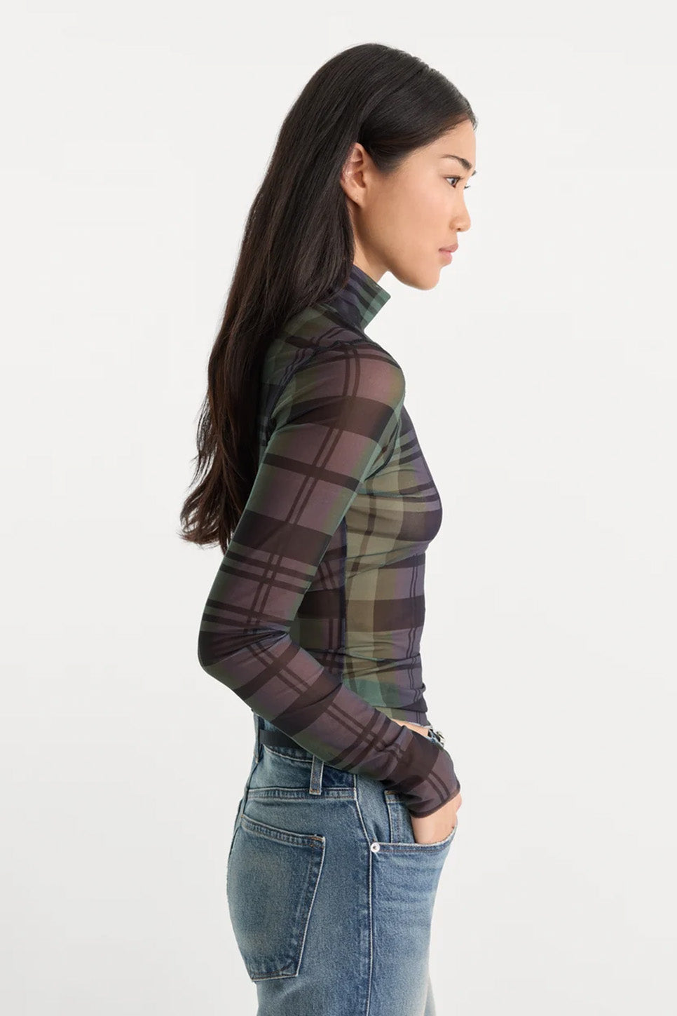 Good American - The Mesh Turtleneck - Navy Green Plaid - Side