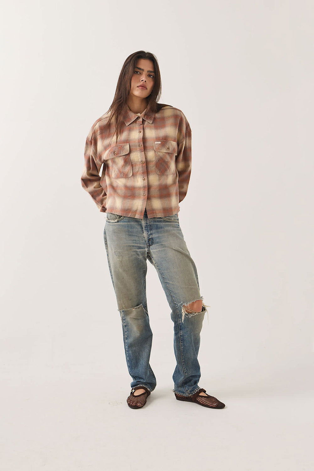 Brixton - Bowery Crop Overshirt - Soft Tan Window Plaid - Full Body