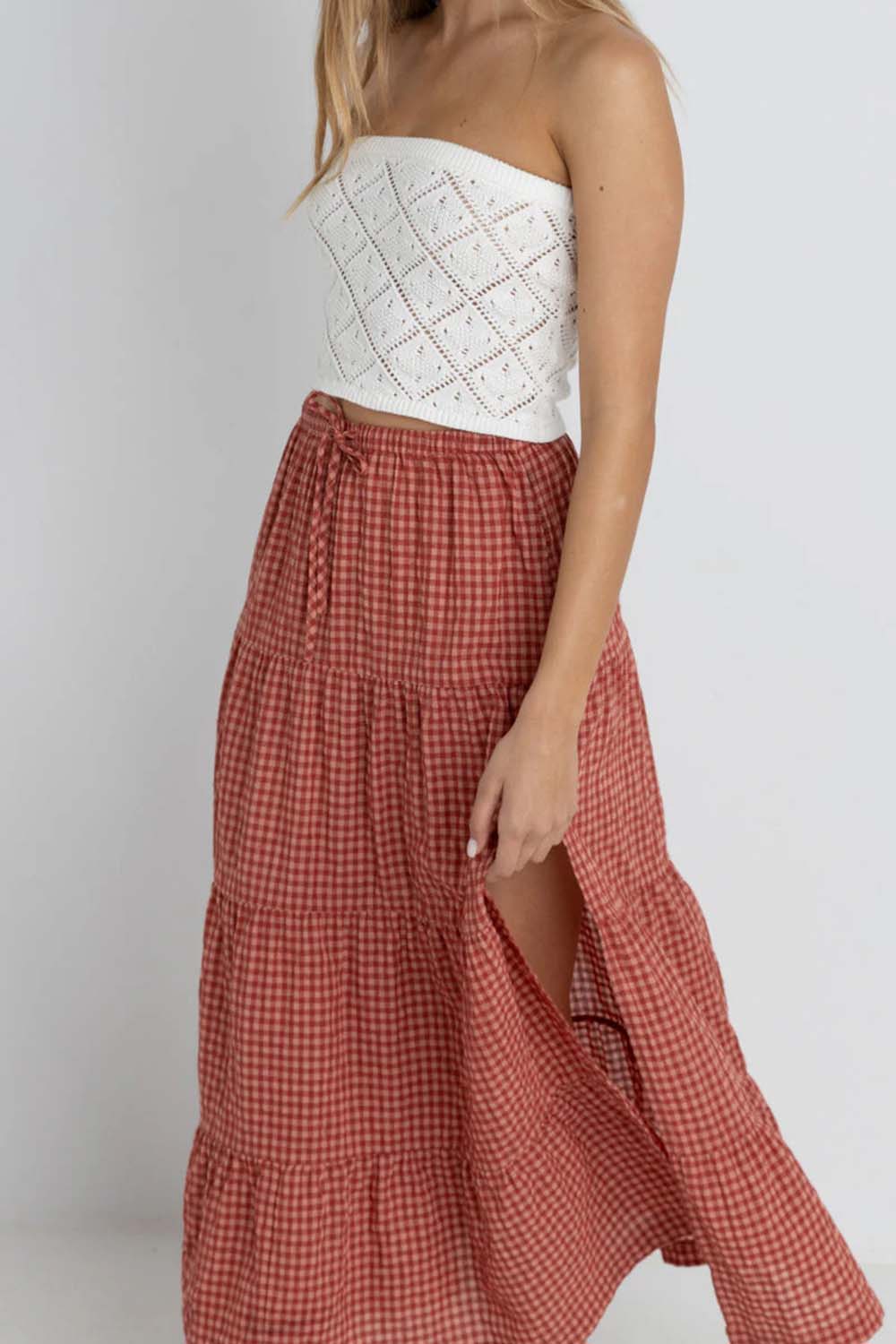 Rhythm - Lola Check Tiered Maxi Skirt - Red - Detail