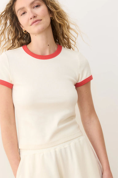 Marine Layer - STRIPE LEXI RIB SUN-IN CREW TEE - Cream/Hibiscus - Profile